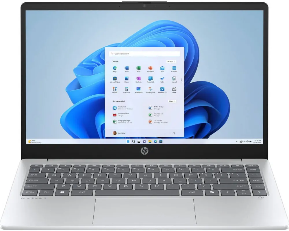 Laptop HP Laptop HP OmniBook 3 NG AI Hokie 25C1  cu procesor AMD Ryzen™ AI 5 340 pana la 4.8 Ghz, 14", Full HD, 24GB DDR5, 1TB SSD, AMD Radeon 840M Graphics ,Windows 11, Glacier Silver