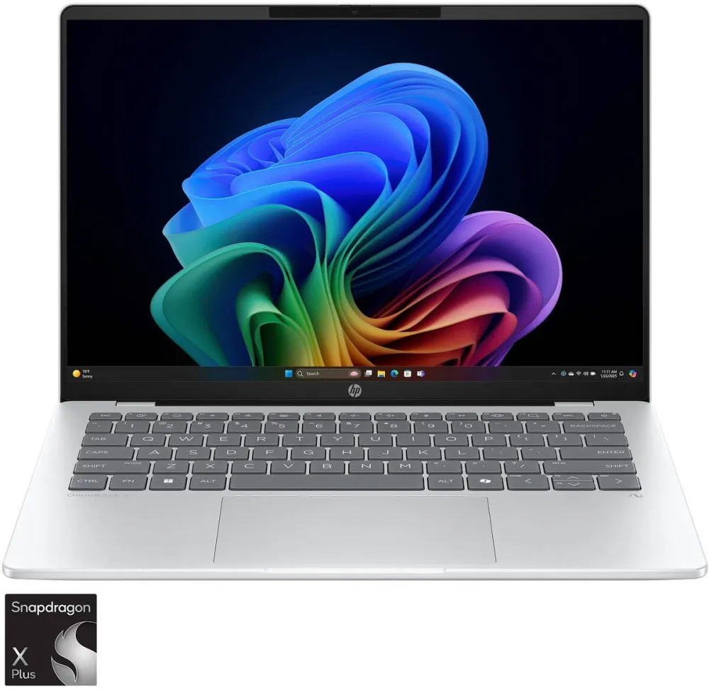 Laptop HP Laptop HP OmniBook 5 NG AI Quadro 25C2, cu procesor Snapdragon X X1P-42-100 pana la 3.4 Ghz, 14" 2K OLED,16 GB DDR5, 1TB SSD, Qualcomm® Adreno™ GPU, Windows 11 Home, Glacier Silver
