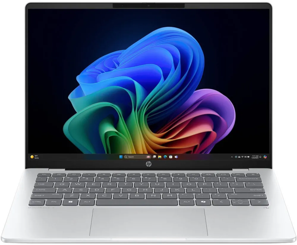 Laptop HP Laptop HP OmniBook 5 NG AI Quadro 25C2, cu procesor Snapdragon X X1-26-100 pana la 2.97 Ghz, 14" 2K OLED, 16 GB DDR5, 512 GB SSD, Qualcomm® Adreno™ GPU, Windows 11 Home, Glacier Silver