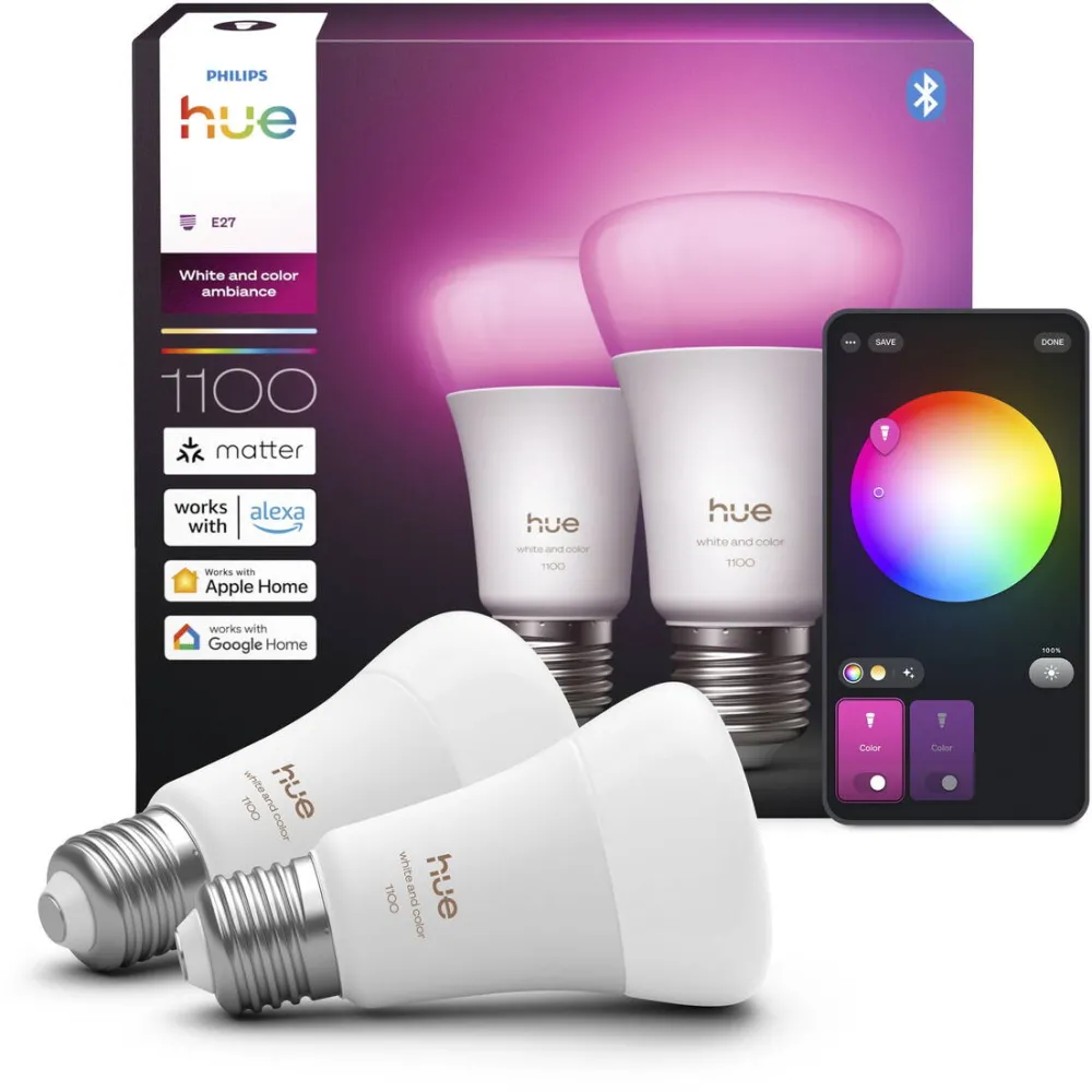 Philips Hue Set 2 becuri smart RGB Philips Hue WCA 1100, A60, E27, 1100 lm, 75 W, lumina alba si colorata (1000-20.000K), control vocal, clasa energetica D