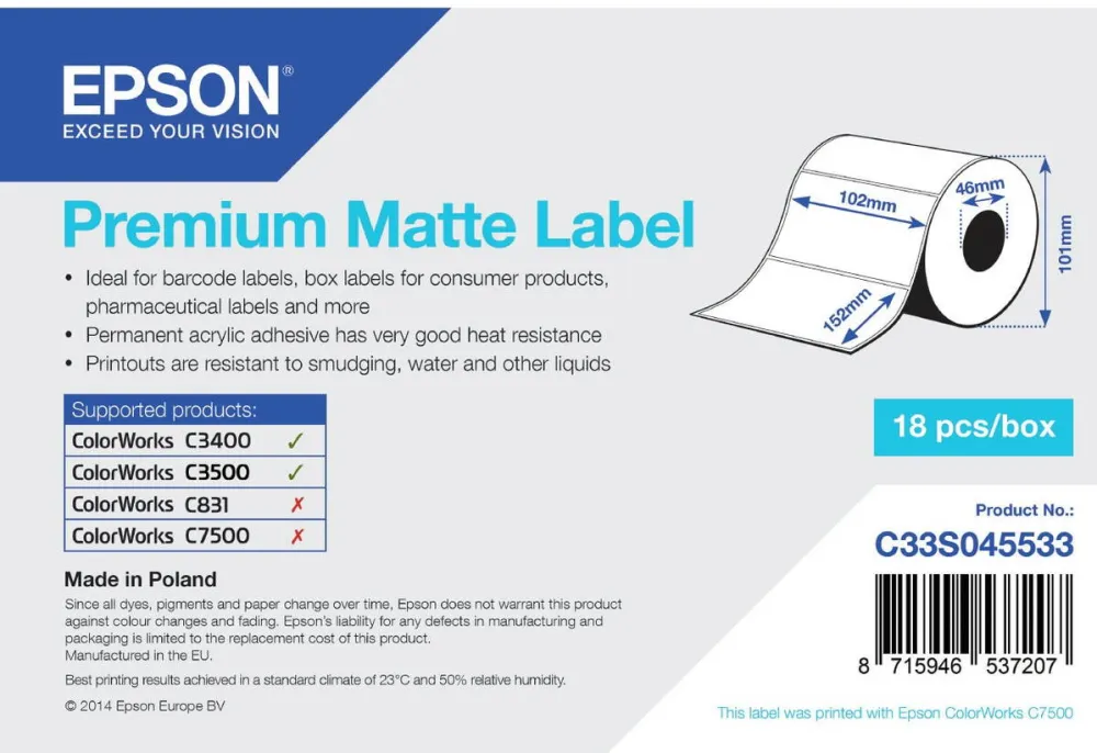 Banda etichete Epson Etichete autoadezive, Epson, 102mm x 152mm, 225 etichete, alb, mat