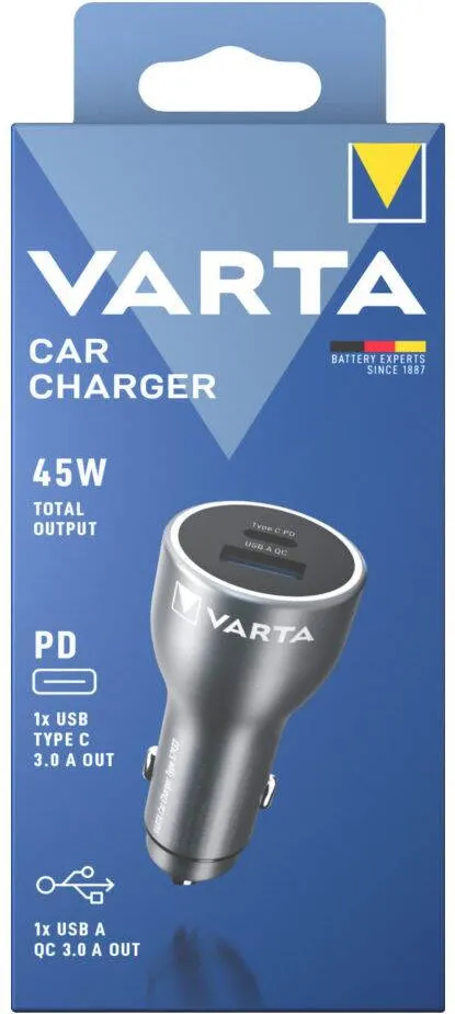 VARTA Incarcator auto, Varta, USB 45W, 1xUSB-A, 1xUSB-C, negru