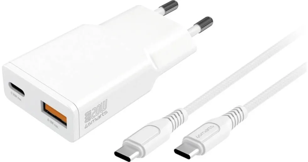 4smarts Incarcator retea 4smarts Slim Duos, 20W, 1x USB-C, 1x USB-A, 1x Cablu USB-C 1.5m, Alb