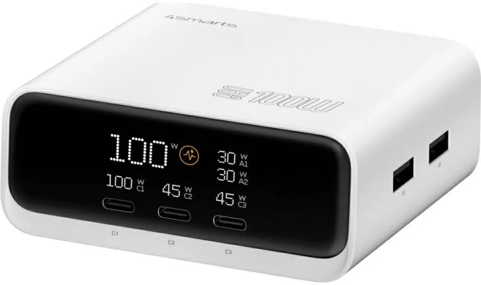 4smarts Incarcator desktop 4smarts GaN Screen 100W, 3x USB-C, 2x USB-A, Alb, dimensiuni 11x7x3.5cm