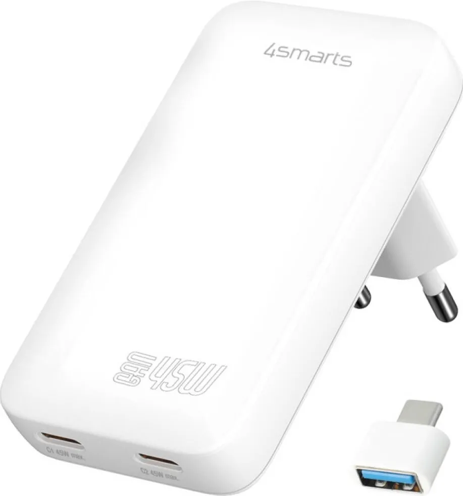 4smarts Incarcator de retea FlatPlug Slim Dual 45W GaN, 2xUSB-C, alb, set cu adaptor USB-C la USB-A