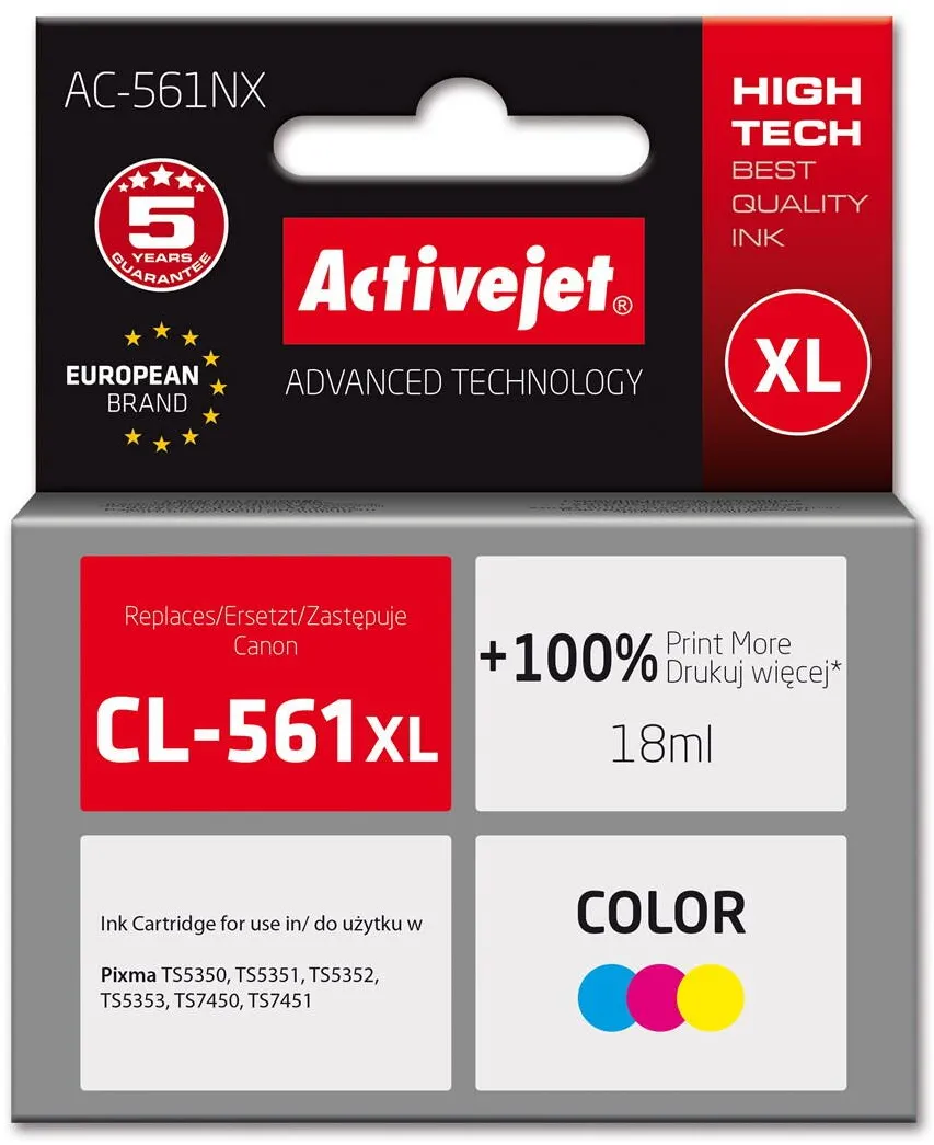 Cartus Imprimanta ACTIVEJET Activejet AC-561NX Ink (replacement for Canon CL-561XL; Supreme; 18 ml; Color: Cyan, Magenta, Yellow)