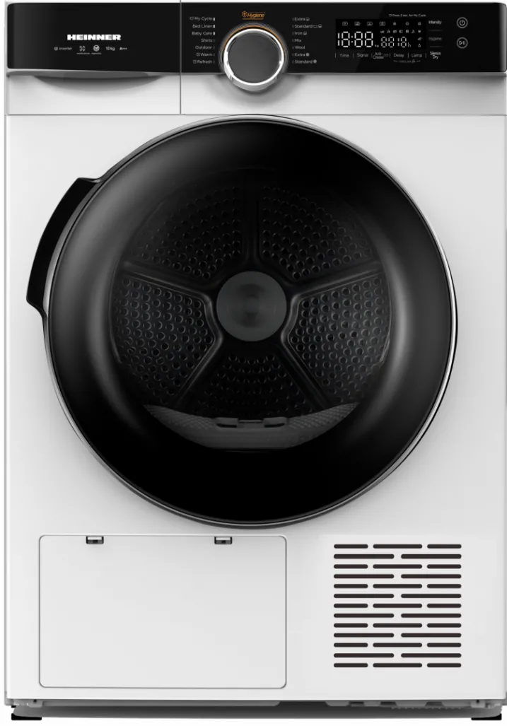 HEINNER Uscator de rufe HHPD-M10K3A+++, Pompa de caldura, 10 kg, Inverter, 14 programe, Clasa C, Control touch, Functie Anti-Sifonare, Program Sterilizare, Iluminare cuva, Alb
