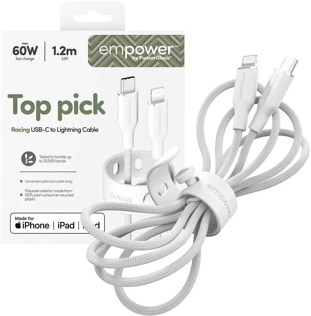 Accesoriu Retea PanzerGlass Cablu de date empower by PanzerGlass, Racing, USB-C la Lightning, 60W, USB 2.0, 1,2m, Argintiu Alb