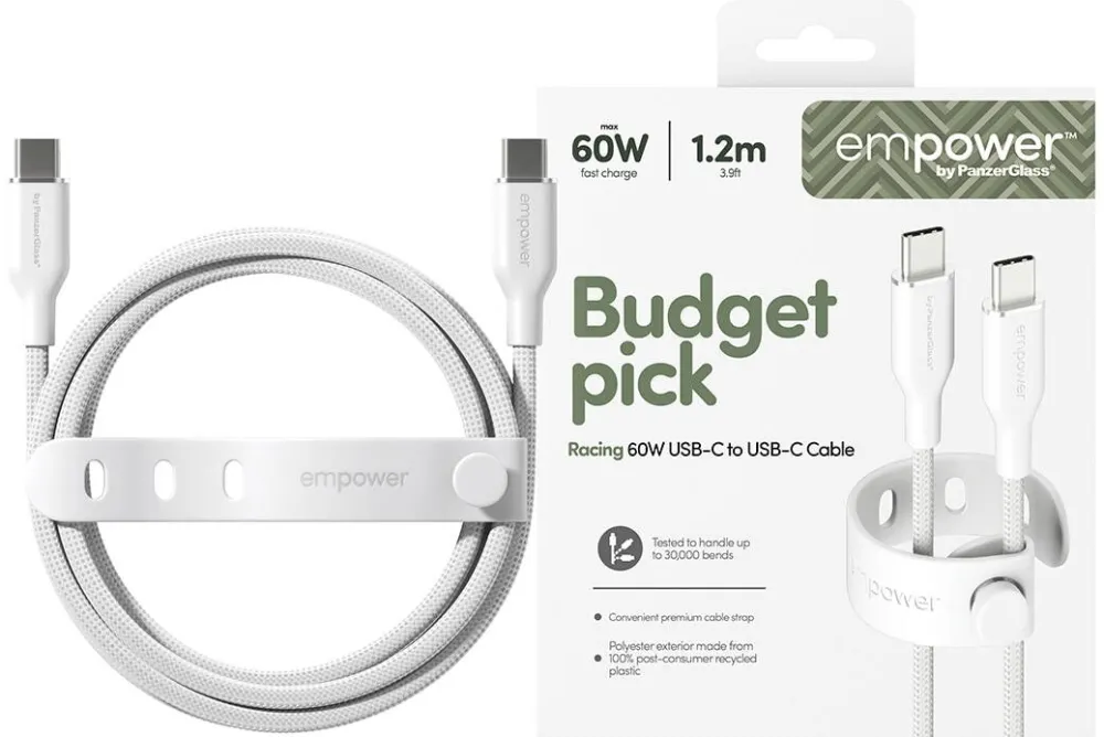 Accesoriu Retea PanzerGlass Cablu de date empower by PanzerGlass, Racing, USB-C la USB-C, 60W, USB 2.0, 1.2m, Argintiu Alb