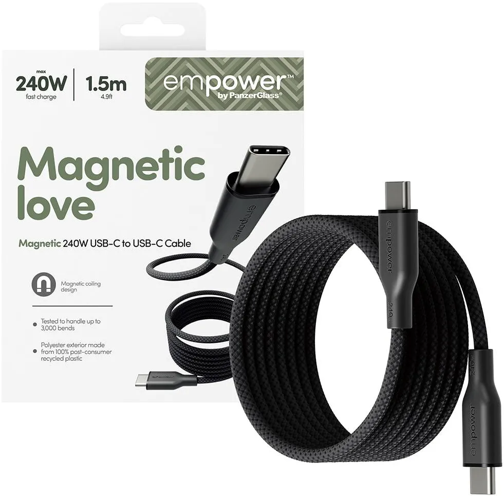 Accesoriu Retea PanzerGlass Cablu de date empower by PanzerGlass, Magnetic Snake, USB-C la USB-C, 240W, USB 2.0, 1, 5m, Space Black