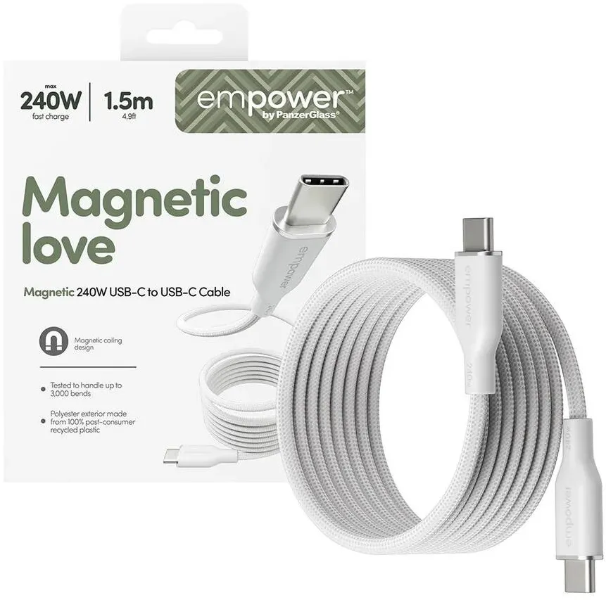 Accesoriu Retea PanzerGlass Cablu de date empower by PanzerGlass, Magnetic Snake, USB-C la USB-C, 240W, USB 2.0, 1, 5m, Argintiu Alb