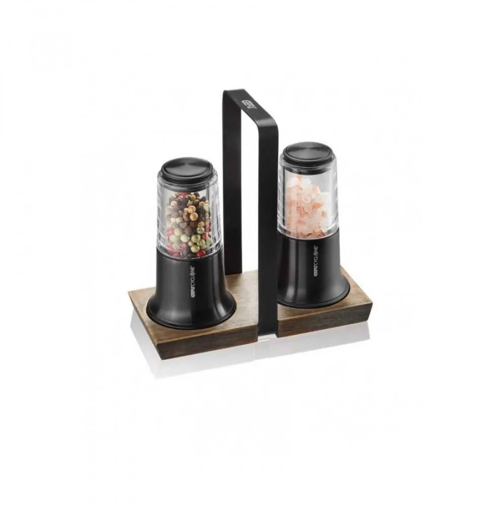 Gefu Set 2 rasnite pentru condimente + suport GEFU X-Plosion, Otel inoxidabil, 14.5 cm, Negru