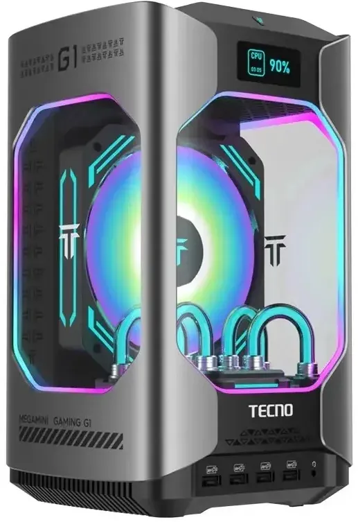 Sistem Mini tecno Tecno Gaming Mega Mini G1, Intel® Core i9-13900H 5.4GHz Raptor Lake, 32GB RAM DDR5, 1TB SSD, GeForce RTX 4060 8GB, Wi-Fi, Bluetooth, HDMI, Windows 11 Home, Sistem cu racire lichida, Display integrat