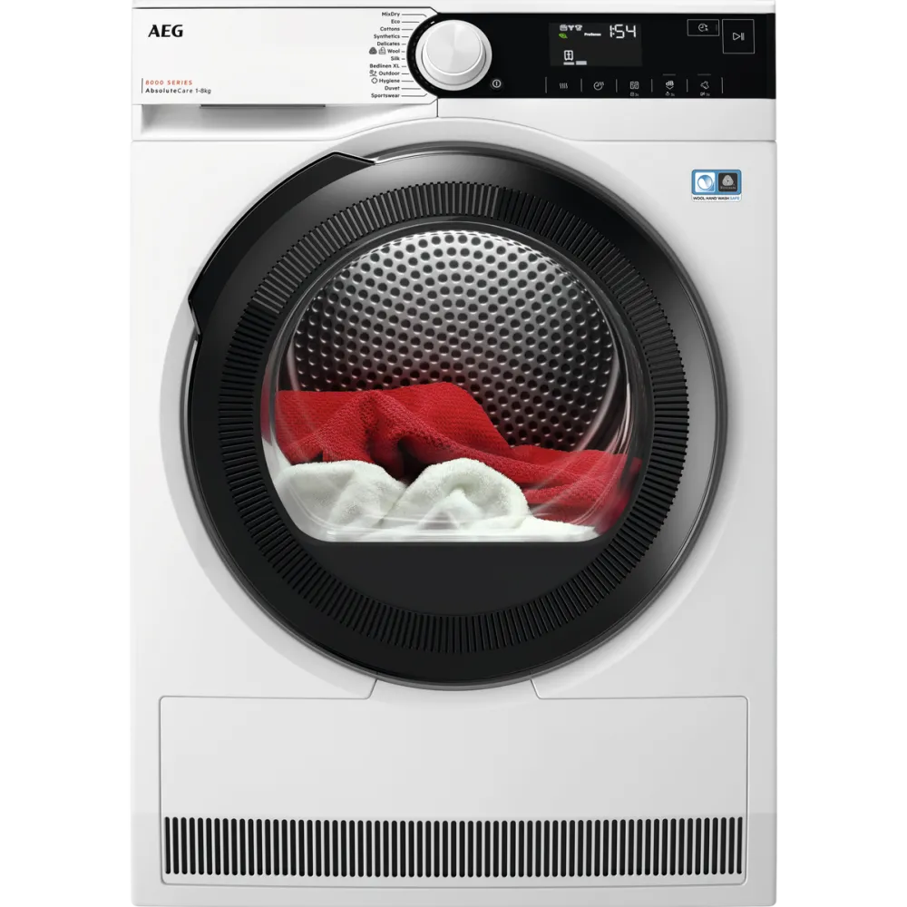 AEG Uscator de rufe TR8384E, pompa de caldura, 8 kg, clasa C, Motor Inverter, Tehnologie AbsoluteCare, Alb