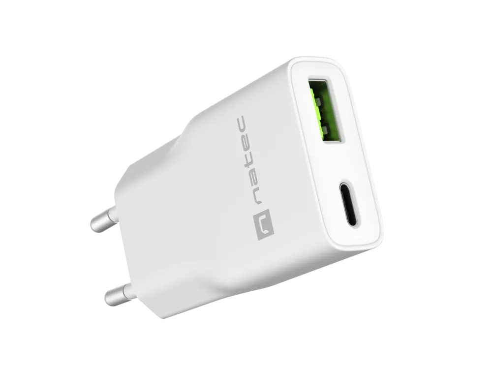 Natec Natec Ribera USB Charger Gan Slim USB 1X USB-A + 1X USB-C 20W, White