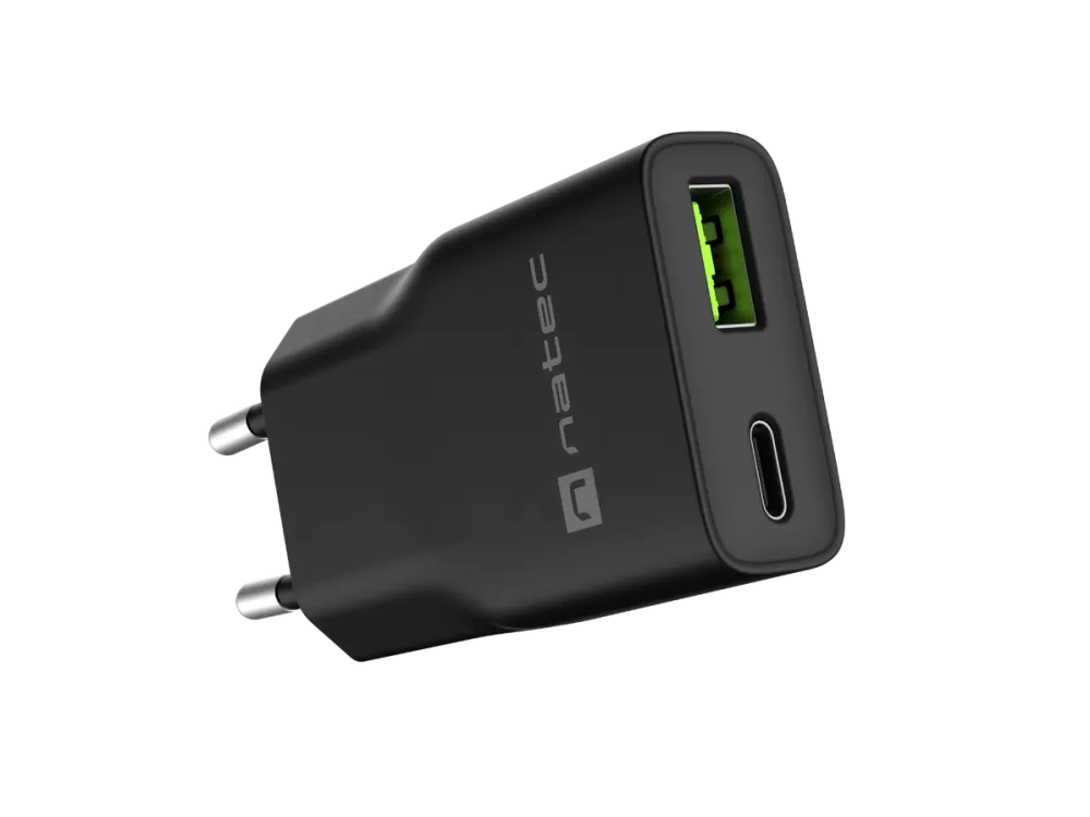 Natec Natec Ribera USB Charger Gan Slim USB 1X USB-A + 1X USB-C 20W, Black