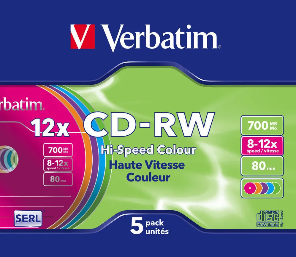 VERBATIM CD-RW 8-12x SLIM COLOR 5 PACK