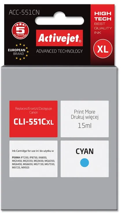 Cartus Imprimanta ACTIVEJET COMPATIBIL ACC-551CN for Canon printer; Canon CLI-551C replacement; Supreme; 15 ml; cyan