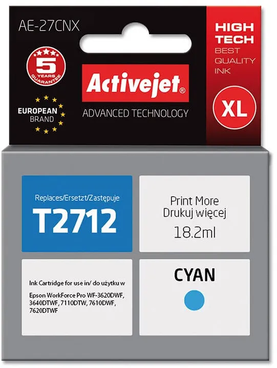 Cartus Imprimanta ACTIVEJET Compatibil AE-27CNX for Epson printer, Epson 27XL T2712 replacement; Supreme; 18 ml; cyan
