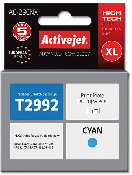 Cartus Imprimanta ACTIVEJET Compatibil AE-29CNX for Epson printer, Epson 29XL T2992 replacement; Supreme; 15 ml; cyan