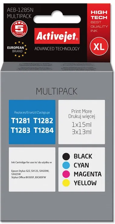 Cartus Imprimanta ACTIVEJET Compatibil AEB-1285N for Epson printer, Epson T1285 replacement; Supreme; 1 x 15 ml, 3 x 13 ml; black, magenta, cyan, yellow