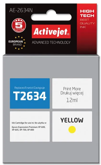 Cartus Imprimanta ACTIVEJET Compatibil AE-2634N for Epson printer, Epson 26 T2634 replacement; Supreme; 12 ml; yellow