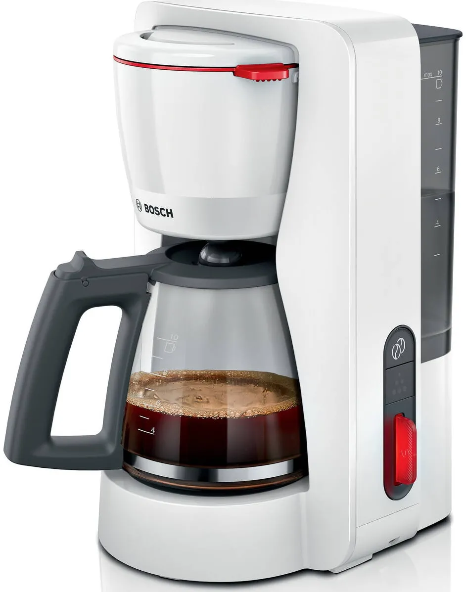 Cafetiera BOSCH My Moment TKA3M131, 1.37 l, cana sticla, sistem antipicurare, oprire automata, rezervor de apa detasabil, cu sistem de mentinere la cald, Alb