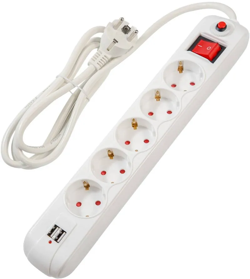 Prelungitor Spacer Schuko x 5, conectare prin Schuko (T), USB x 2, cablu 3 m, 16 A, max. 3500W, protectie supratensiune, alb