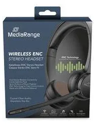 Casti Over-Head MediaRange Wireless ENC Stereo Headset with rotatable microphone arm, Function Buttons, Rechargeable 400mAh Battery, 2-Device Pairing (BT Ver. 5.2), Black