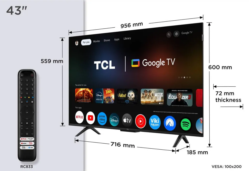 Televizor TCL P7K 43P7K, 109.2 cm (43"), 4K Ultra HD Smart TV, Wi-Fi, Metallic, 430 cd/m²