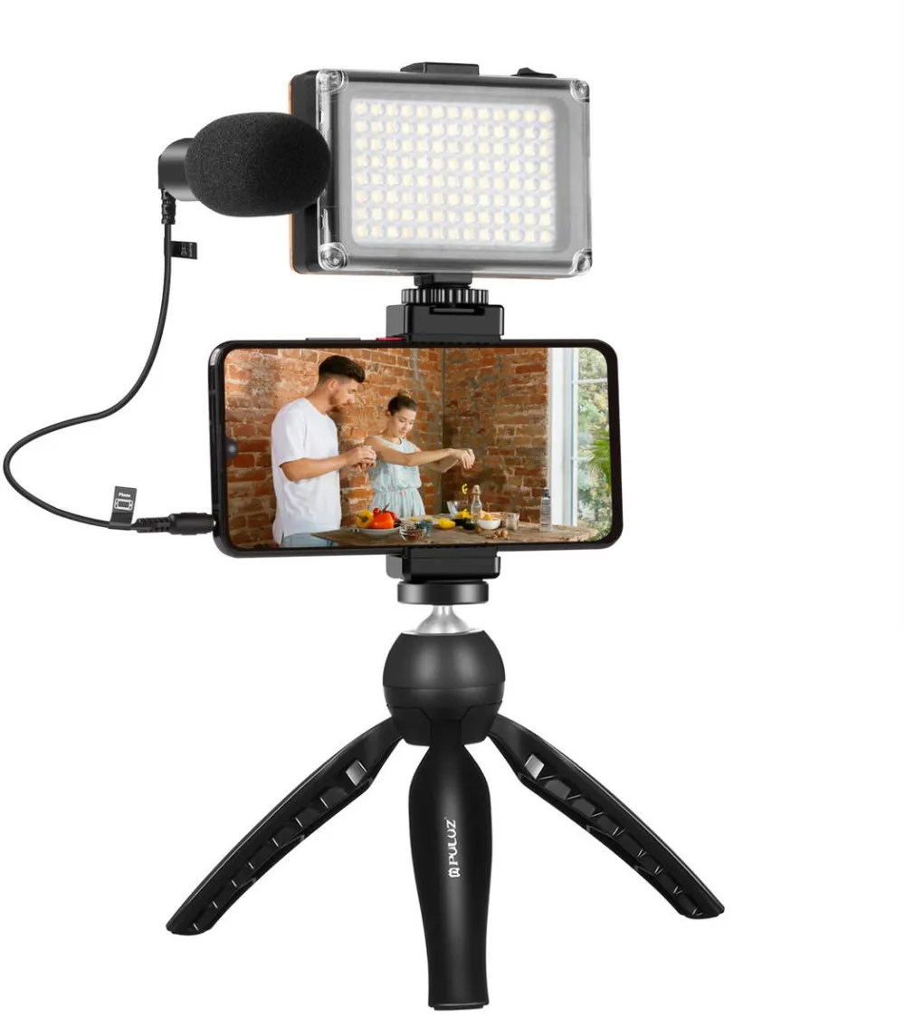 Puluz Puluz set de inregistrare live trepied + lumina LED + microfon + clema pentru telefon PKT3132B
