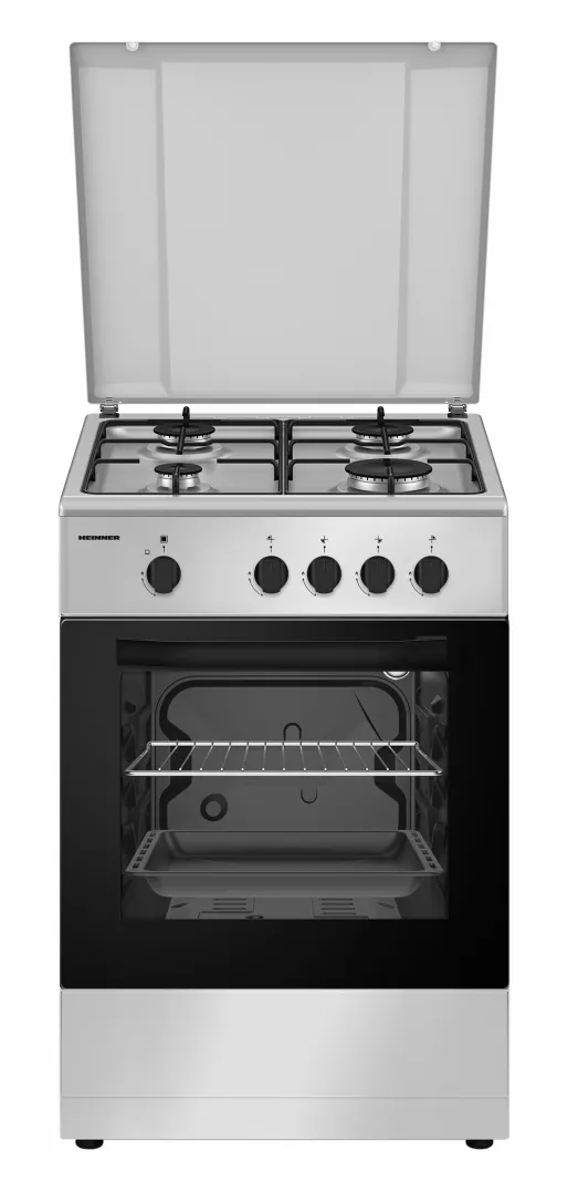 Aragaz Heinner HFSC-SME50SL, Gaz, 4 arzatoare, Dispozitiv siguranta plita si cuptor, 50 cm, Argintiu
