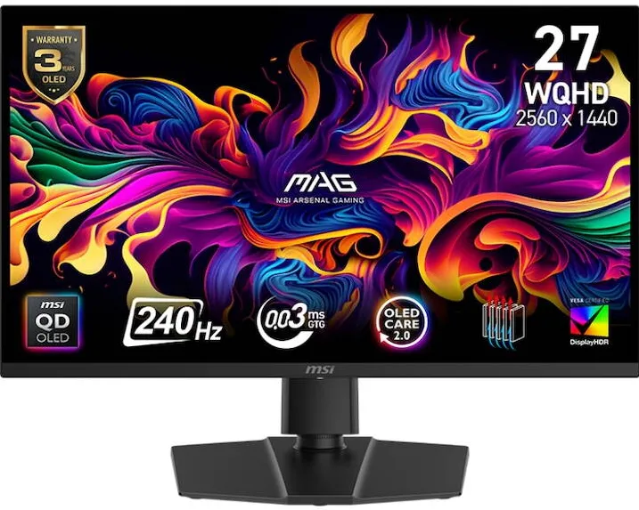 Monitor MSI MAG 271QP QD-OLED X24, 26.5 inch, WQHD, 2560 x 1440, HDMI, DisplayPort, Pivot, 240 Hz, 0.03 ms, Negru