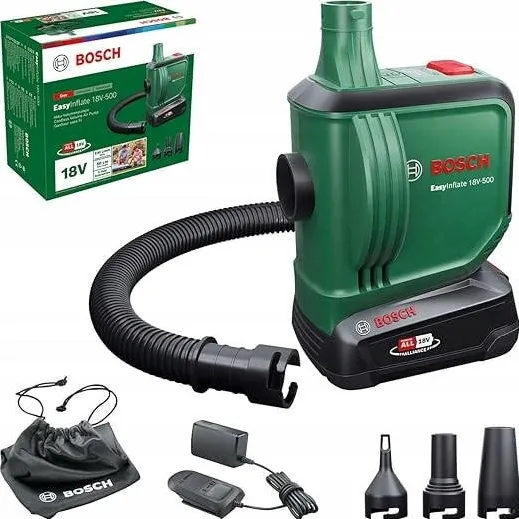 BOSCH Pompa de umflat Bosch EasyInflate 18V-500, 1 acumulator 2,0 Ah, 3 duze, verde, 700g