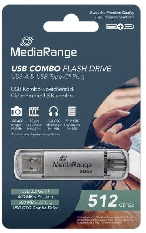 Memorie USB MediaRange Memorie USB 512GB, Silver, cu capace de protectie, set de USB-A si USB-C