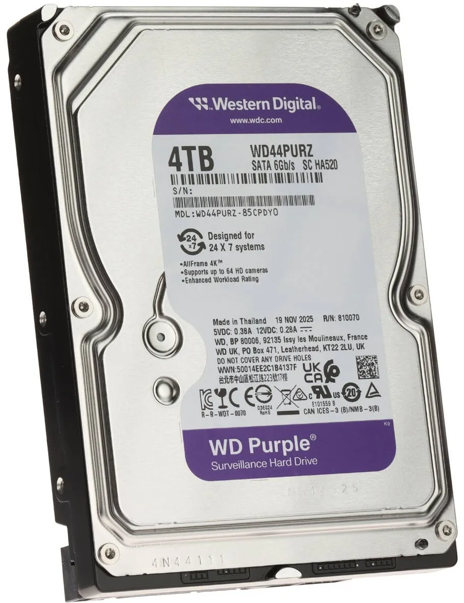 Hard Disk WD HDD Video Surveillance Western Digital Purple 4TB CMR, 3.5'', 256MB, SATA, TBW: 180