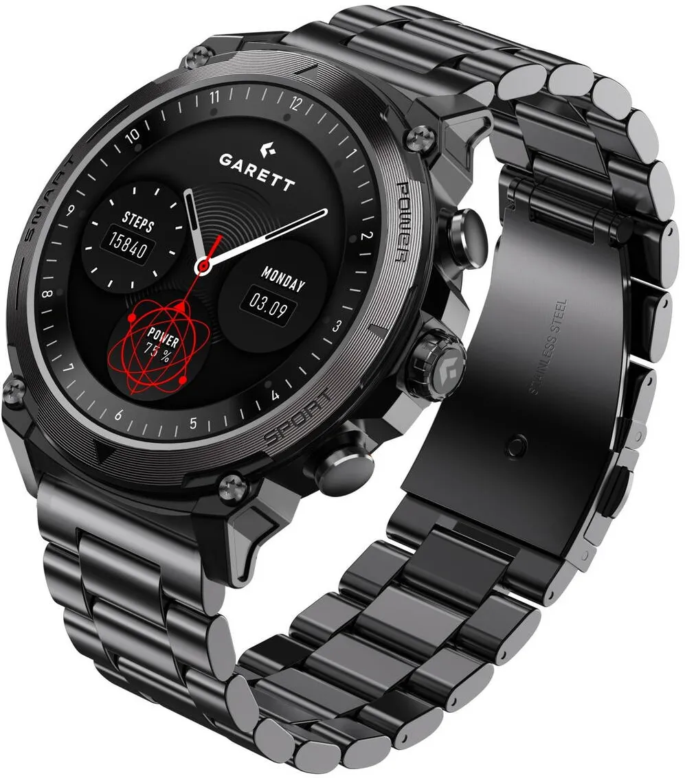 Smartwatch Garett Atom, AMOLED 1.43 inch, bratara din otel, silicon, set cu curea suplimentara, negru