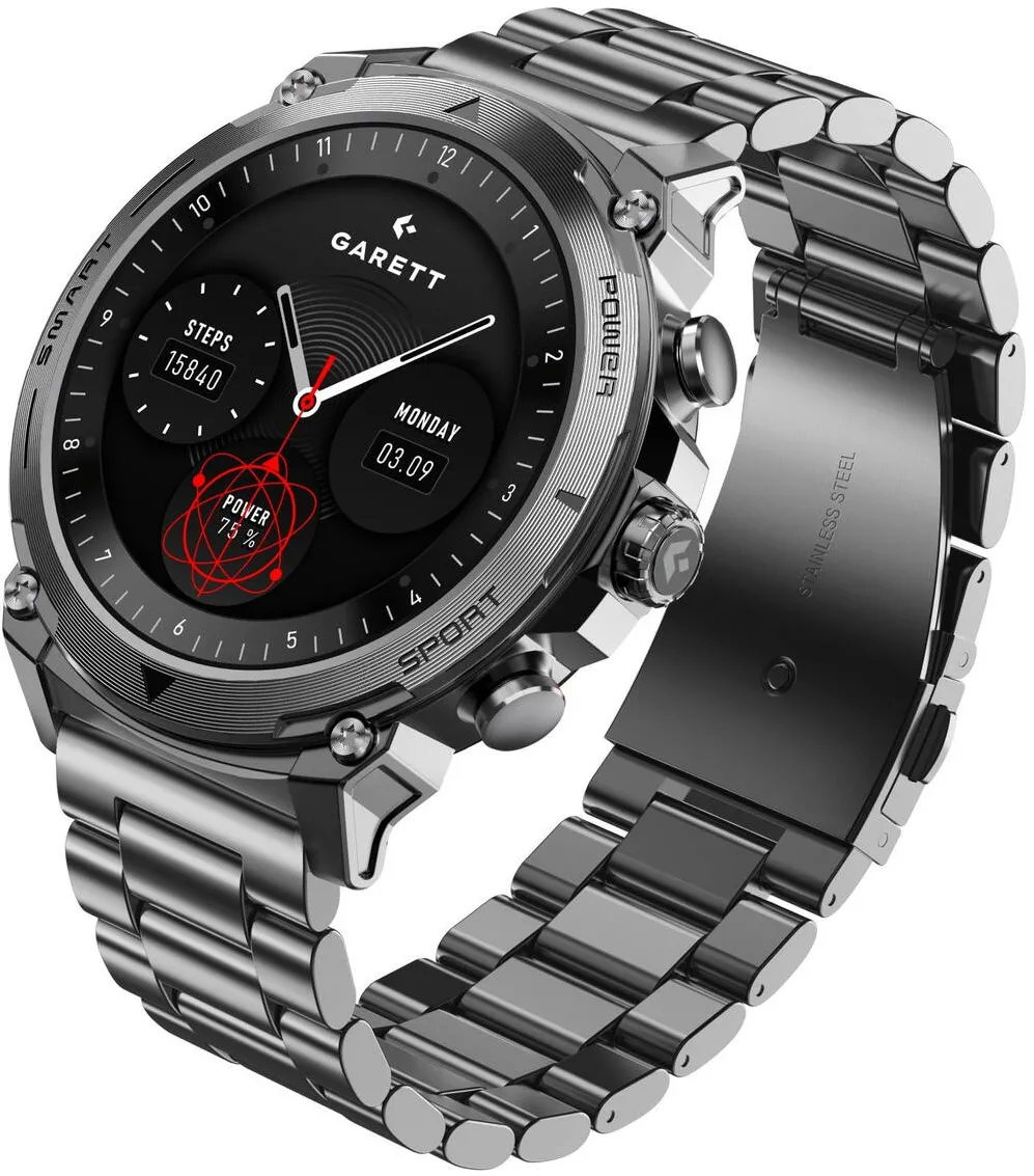 Smartwatch Garett Atom, AMOLED 1.43 inch, bratara din otel, argintiu