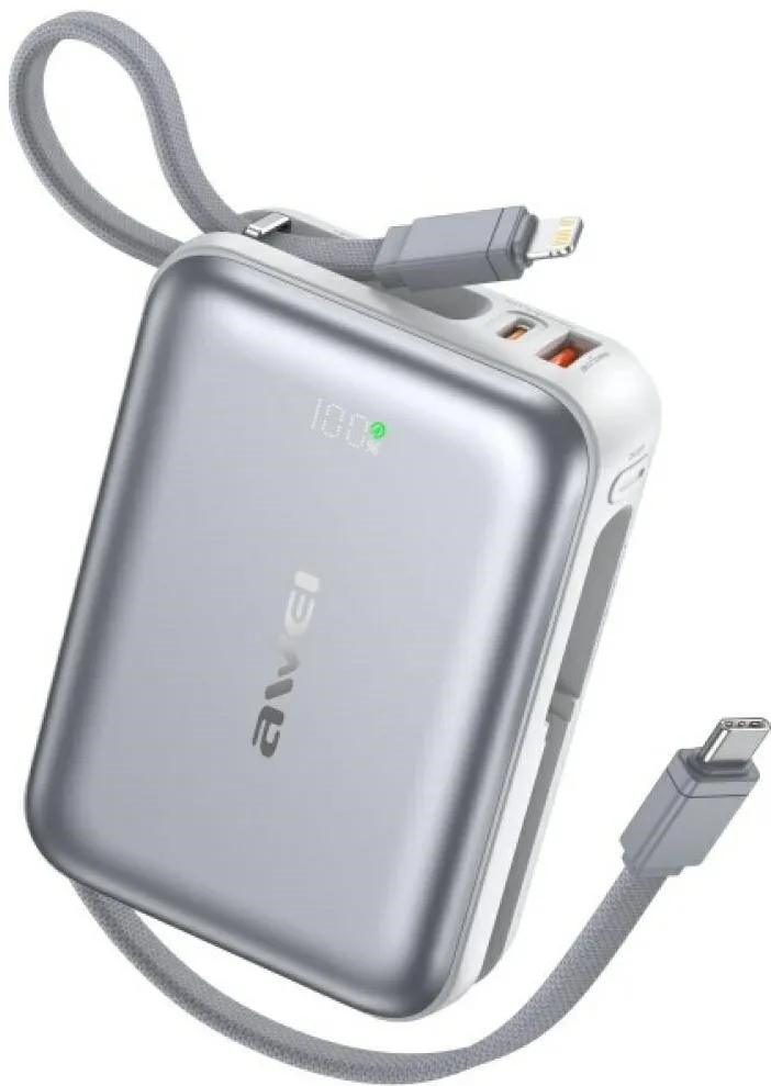 AWEI Powerbank AWEI C03 20000mAh 45W USB-C, cabluri integrate, argintiu