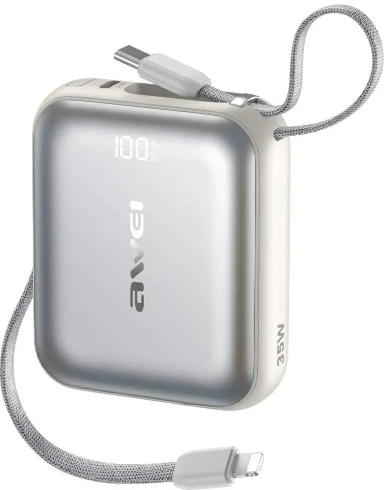 AWEI Powerbank AWEI AS-181 10000mAh 35W, USB-C + cabluri Lightning, argintiu