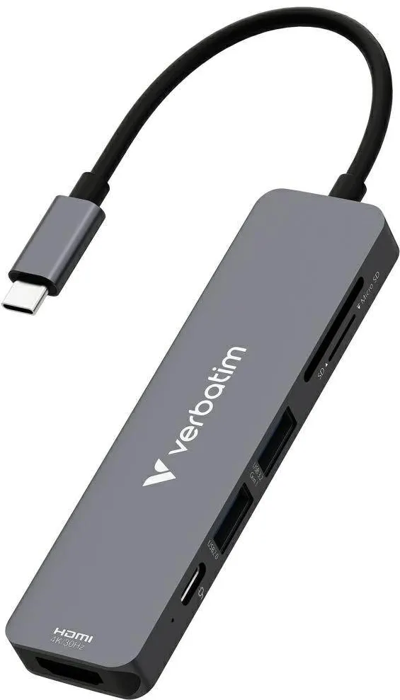 Docking Station VERBATIM Hub Verbatim USB-C/HDMI/USB-A 3.2/USB-A 2.0/SD/microSD, aluminiu, 112.2x29.7x11mm