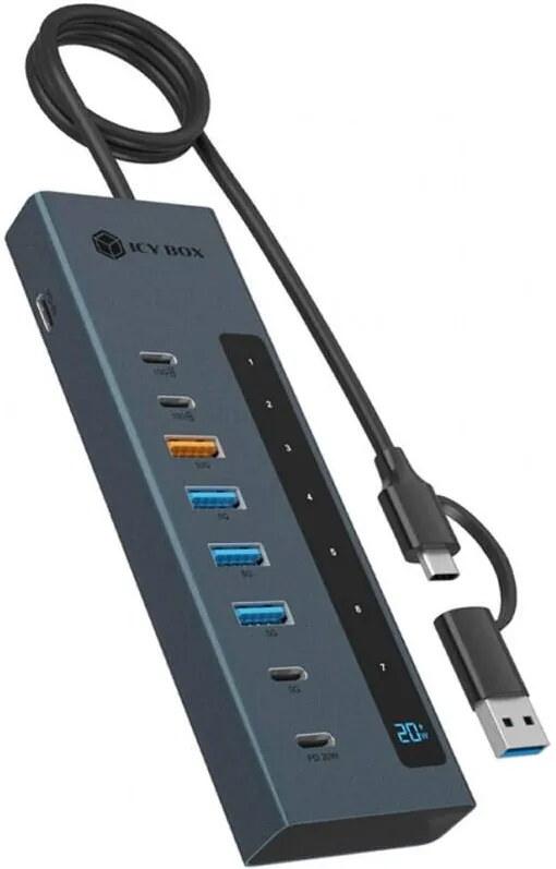 Docking Station Icy Box Hub ICY BOX 9-in-1, 2xType-C PD100W, 1xType-C PD20W, 4xUSB3.2, gri