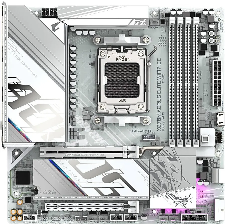 Placa de Baza GIGABYTE X870M AORUS ELITE WIFI7 ICE, AM5, DDR5, mATX, Alb