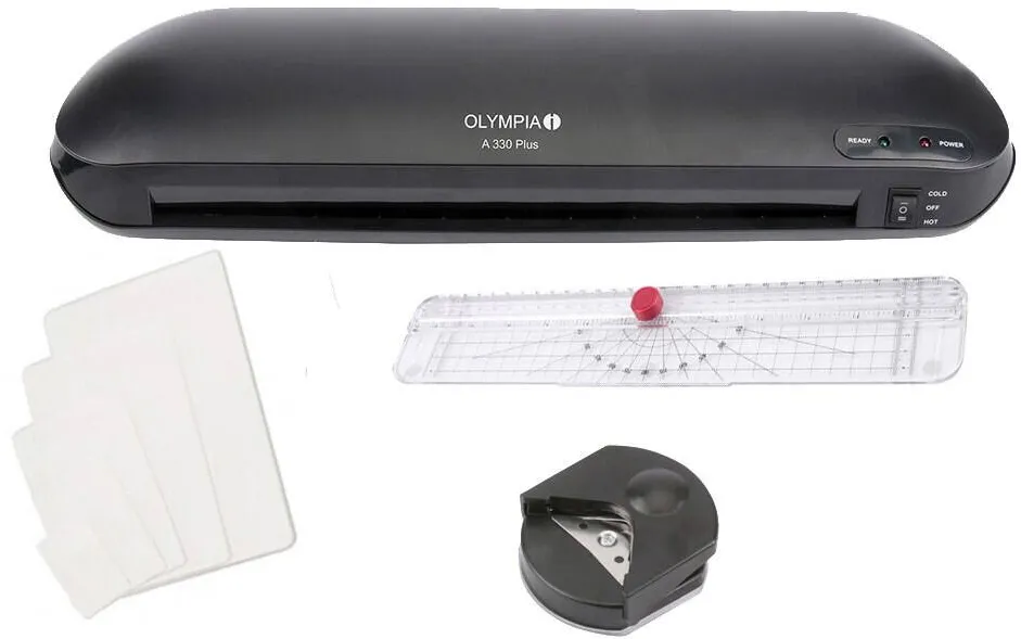 OLYMPIA Set laminator A3, trimmer, rotunjitor colturi si 15 folii 80 microni, A330 Plus, 80-125 microni, negru