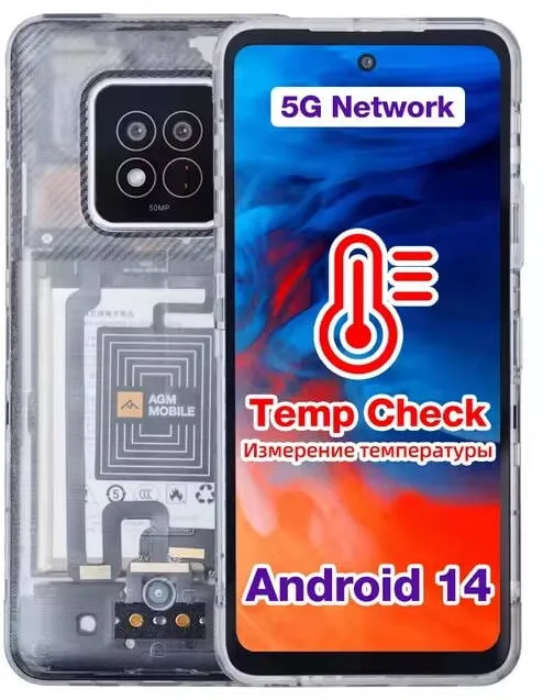 Smartphone AGM Telefon mobil AGM X6 Phantom, Transparent, 5G, 6.78" FHD+, 8GB RAM, 128GB ROM, Android 14, 50MP, Unisoc T750, Masurare temperatura, NFC, 5000mAh, Dual SIM