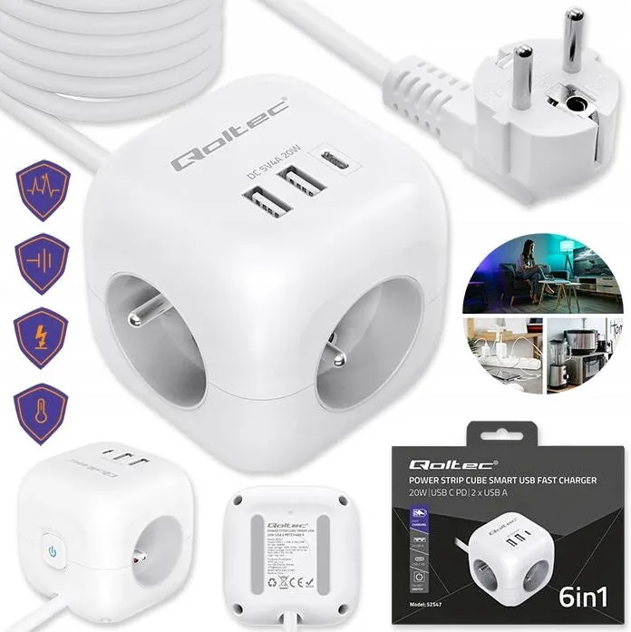QOLTEC Priza De Alimentare 6 In 1 Cu Cablu, Qoltec, 52547, 3 Prize Ac, 2X Usb (5V/2.4A) + 1X Usb-C Cu Functie Power Delivery 20W (5V/3A), Sarcina Maxima: 16A / 230V / 3680W / Usb 20W, Carcasa Din Pp Ignifug, 80 x 80 x 80 mm, Alb