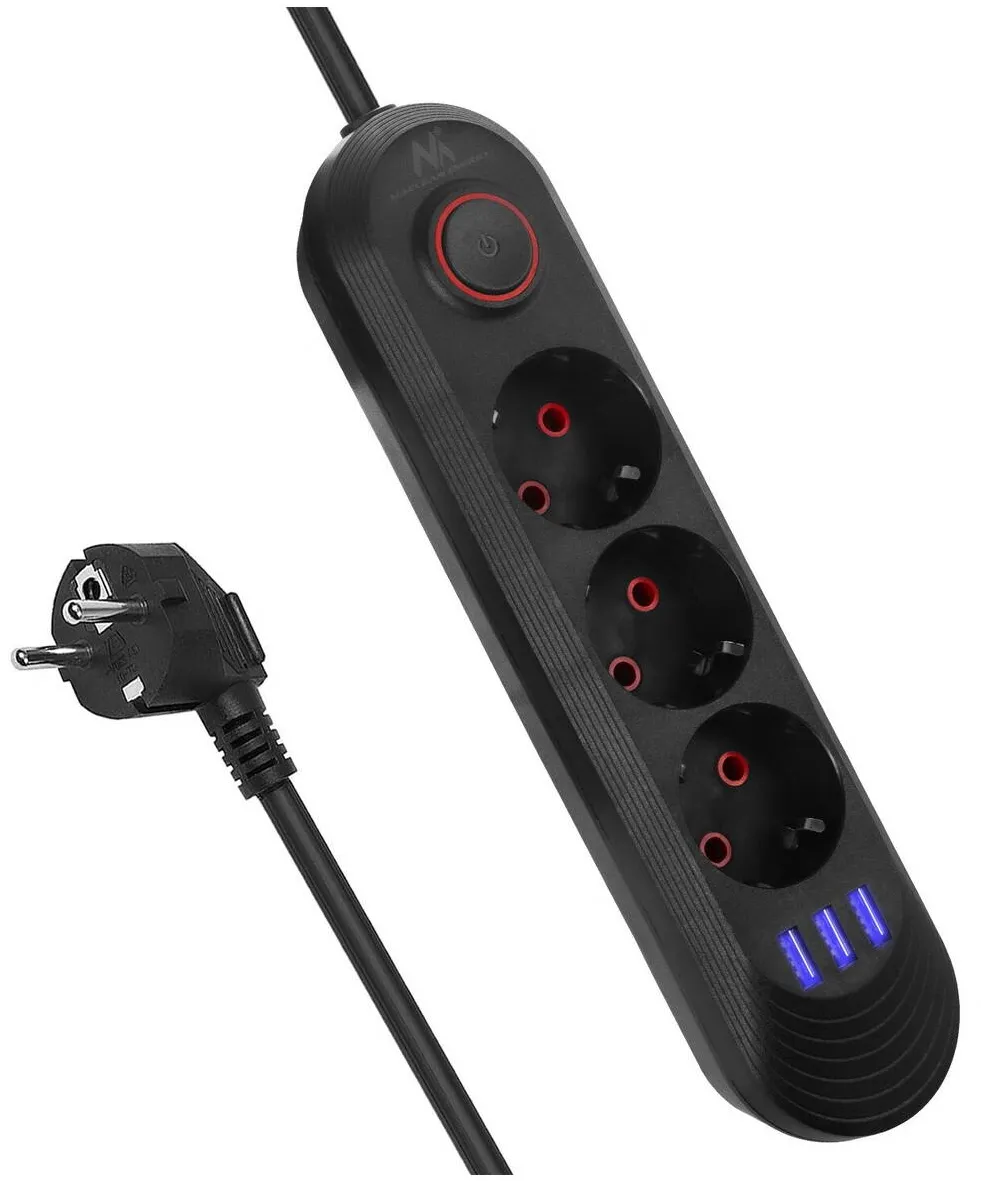 MACLEAN Prelungitor Maclean MCE394, 3 prize + 3 porturi USB, 2500W, 1.5m, design compact si robust, protectie la suprasarcina, ideal pentru birou, dormitor sau camera de zi, negru