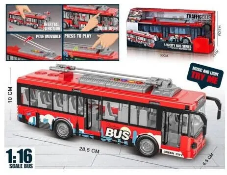 Madej Autobuz rosu 1:16, cu lumini si sunete, dimensiuni 28,5x6,5x10cm, set in cutie de prezentare.