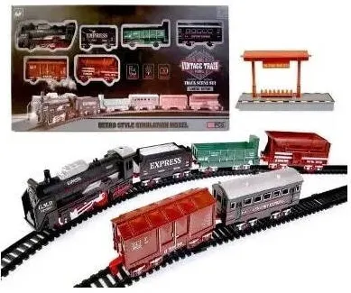 Jucarie Educationala Artyk Set trenulete de jucarie Artyk, locomotiva 13 cm, 4 vagoane 10 cm, elemente pentru sine, 104.5 x 68 cm