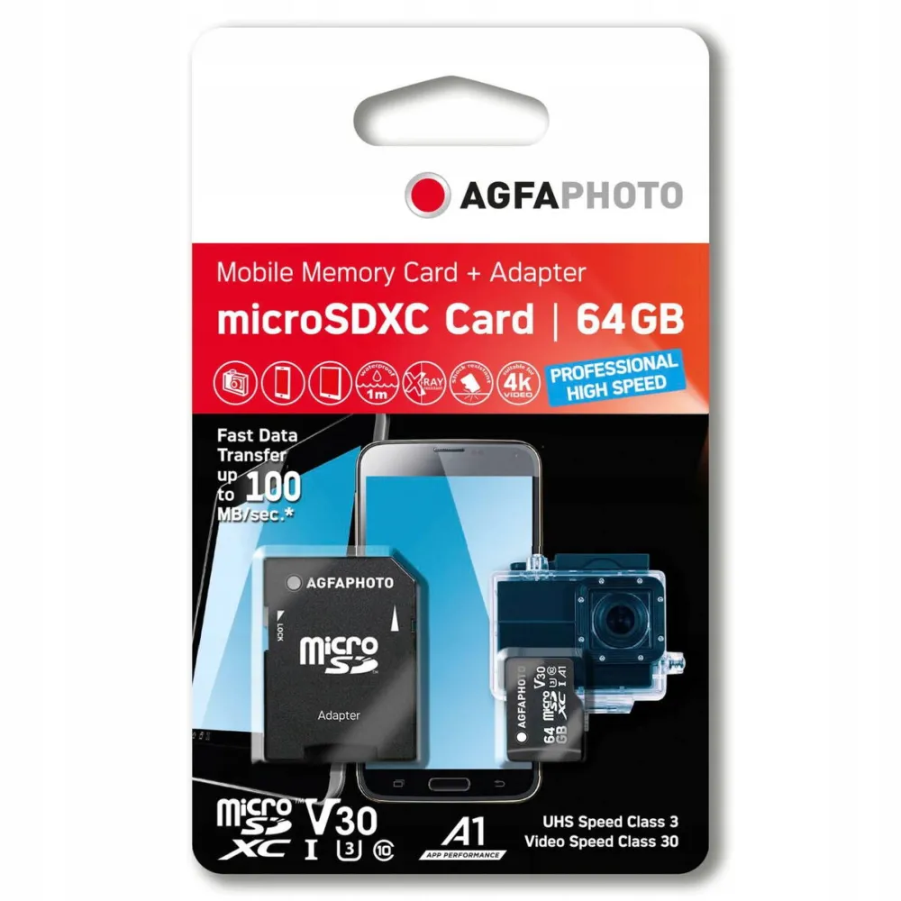 Card de Memorie AgfaPhoto Card MicroSDXC AgfaPhoto 64GB UHS I U3 V30 A1 Viteza Mare